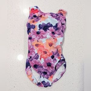 ULTRA SOFT Foxy's Foxy Gymnastics Dance Leotard Small Hawaiian FLORAL OPEN BACK